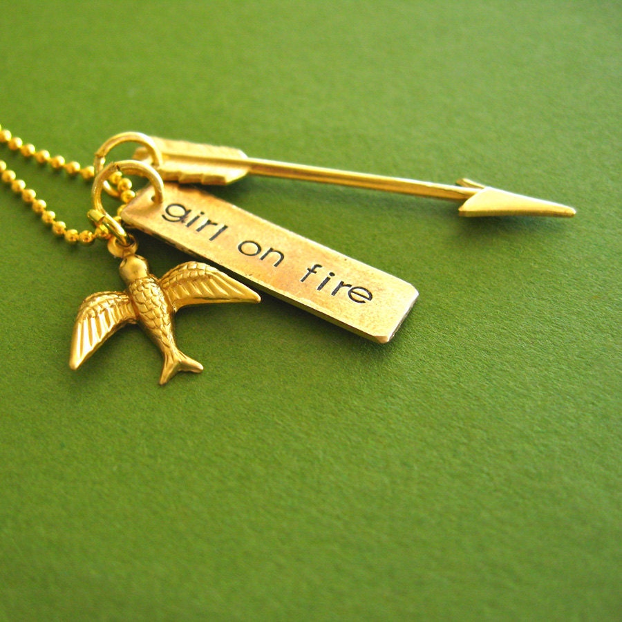 Hunger Games Necklace - Girl on Fire - Mockingjay and Arrow in brass and gold plated - Katniss Everdeen