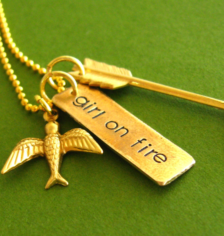 Hunger Games Necklace - Girl on Fire - Mockingjay and Arrow in brass and gold plated - Katniss Everdeen