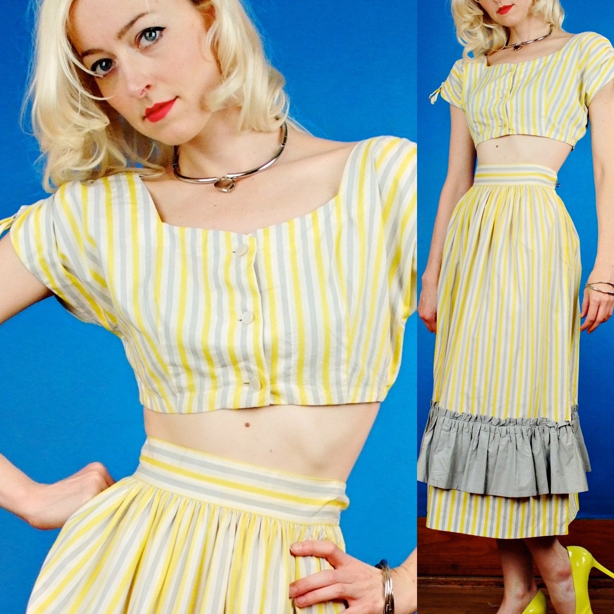 INCREDIBLE Vtg 40s YELLOW GREY SUN DRESS MIDRIFF TOP.SKIRT OUTFIT XS S Small