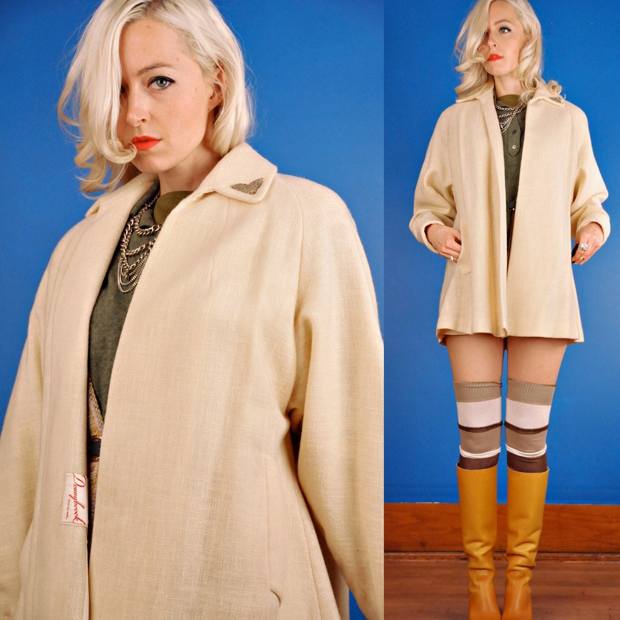 New Look Vintage 50s Ivory Wool and Bead Swing Coat/Jacket L Large/XL Extra Large