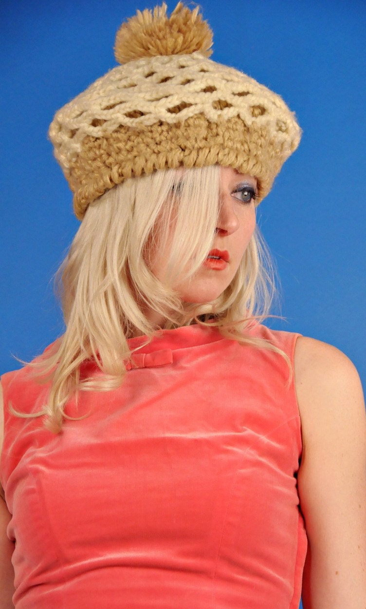 Hand Knit Vintage 70s Brown and Cream Oversized Beret Pom Pom Hat