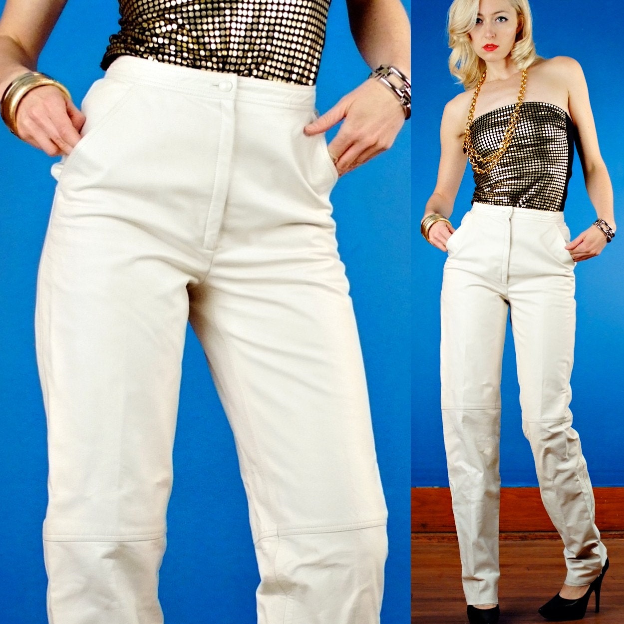 Unworn Courreges Vintage 80s White Leather High Waist Skinny Pants XS Extra Small/S Small