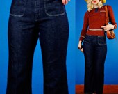 Hippie Vintage 70s Bell Bottom Blue Denim Patch Pocket Jeans/Pants XS Extra Small/S Small
