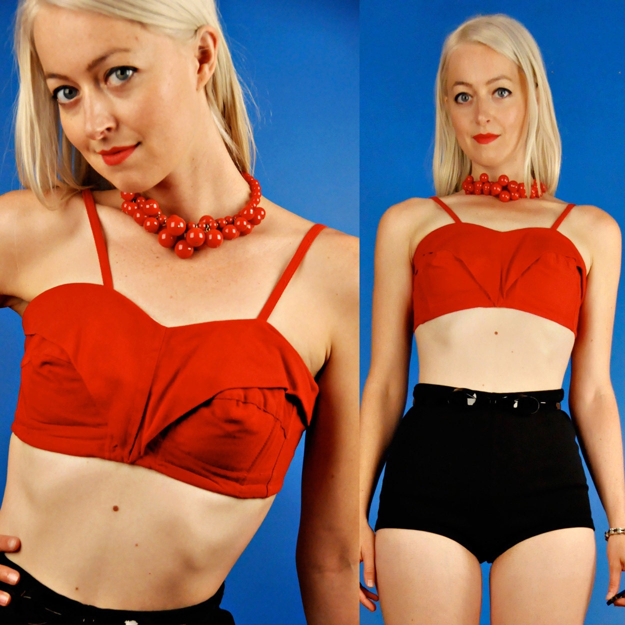 Fabulous Vintage 50s Red Bullet Bra Pin-up Bikini Top S/36B