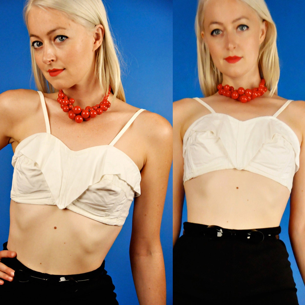 Rare Vintage 50s White Bullet Bra Pin-up Bikini Top S/36B