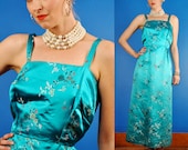 Teal Blue Vintage 50s China Doll Satin Damask Maxi Hourglass Party Dress L