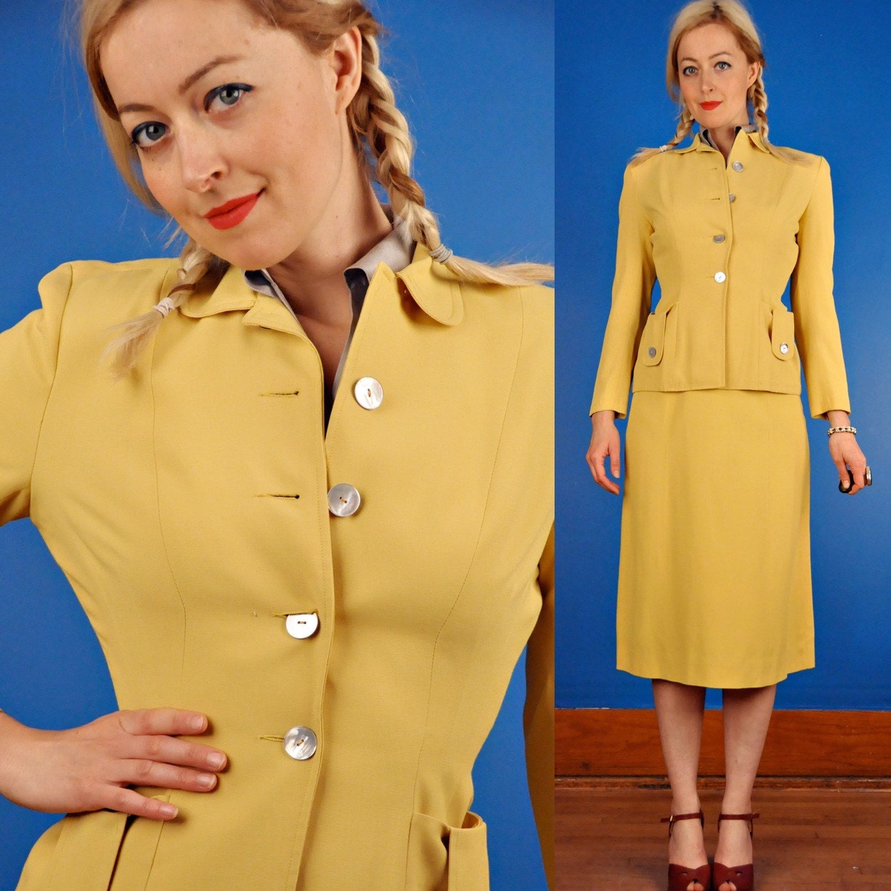 Yellow Vintage 40s WWII Hourglass Spring Skirt Suit XS Extra Small S Small