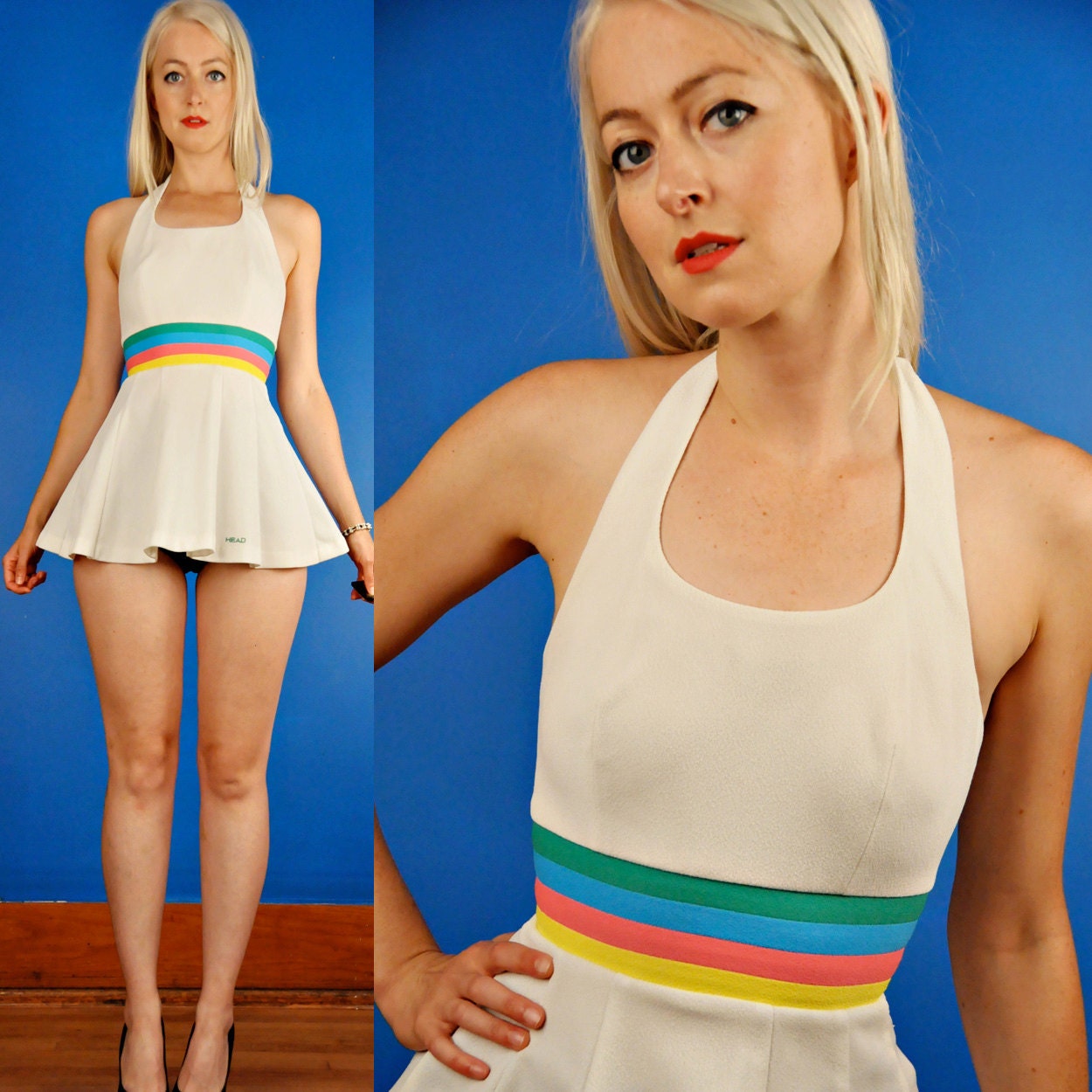 Rainbow Stripe Halter Vintage 70s Mini White Tennis Dress XS