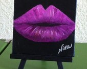 4"x4"acrylic original easle black red lips whimsical canvas board yellow pink blue green