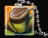 coffee cup spoon red latte mug yellow blue lilac purple green glass pendants art square chain 24" chain