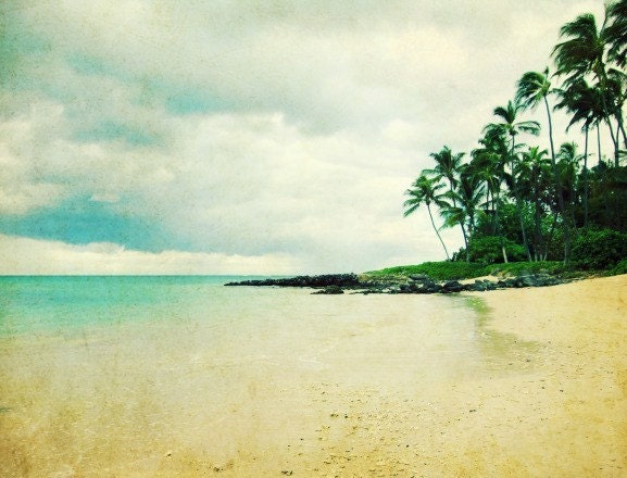 Beach Photography - seashore sea shore aqua green decor - Hawaiian landscape photograph - clouds palm trees sand 8x10 - I'll take you there