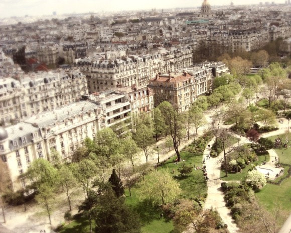 Paris Photography, Paris France view from Eiffel tower -  city park beige pale green decor 8x10 - So Tiny