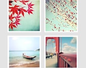 SALE - Photography Set  Aqua and Red leaves tree brances teal sky boat city bridge 5x5  Fine Art Photographs Set of 4 Home Decor