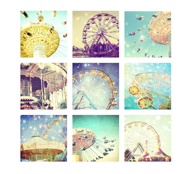 Photography set - Carnival rides whimsical nursery room decor -  Set of Nine 5x5 Fine Art Photography prints baby room decor kids room