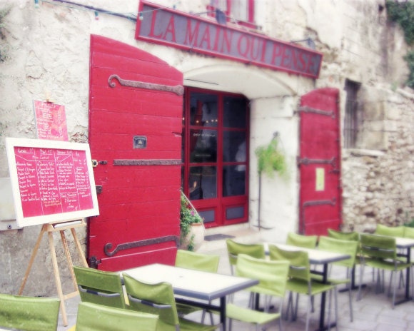 French cafe, Photography - France photo, Red, green, white, red doors, outdoor, France travel chalkboard 8x10 - Red Menu