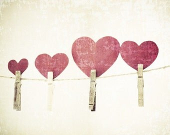 Red hearts photography love - clothes line valentine shabby chic paper love sweethearts wedding marriage friendship - 8x10