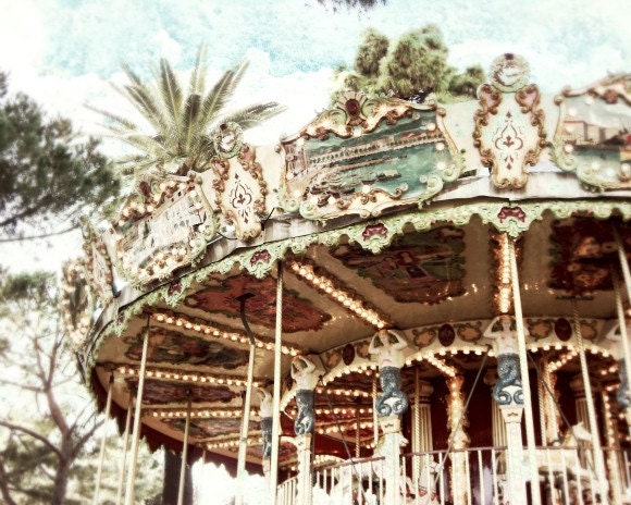 Carousel by the Sea - pale brown sage green gold lights - Nursery decor - Fine Art photography print -  8x10