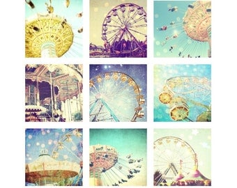 Photography set - Carnival rides whimsical nursery room decor -  Set of Nine 5x5 Fine Art Photography prints baby room decor kids room