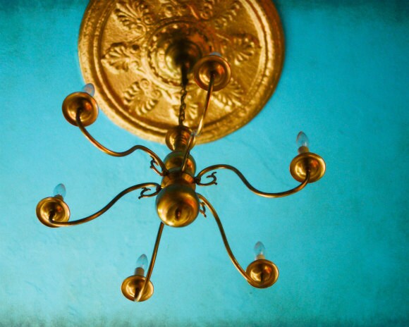 Art Photography, sun, gold, golden, aqua blue decor, teal wall art, bling, photograph, chandelier, ceiling, home decor 8x10 print