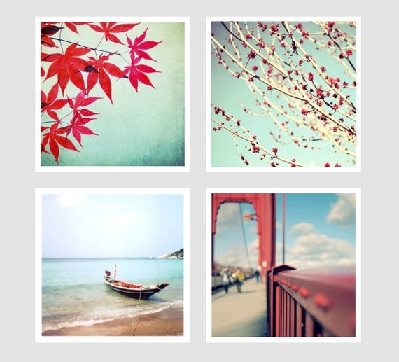 SALE - Photography Set Aqua and Red leaves tree brances teal sky boat city bridge 5x5 Fine Art Photographs Set of 4 Home Decor