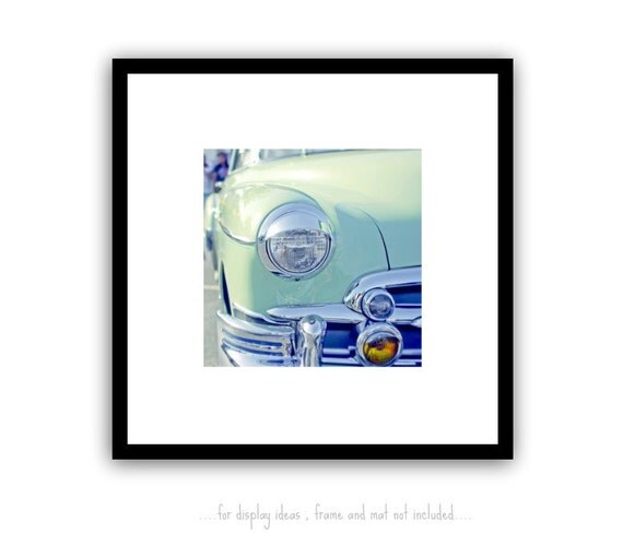 Vintage car photograph,  Mint green, photograph, Mad Men,  chrome, amber yellow light periwinkle blue mid century photography 8x8