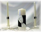 Black and Ivory Satin Wedding Unity Candle Set- Diagonal Sash