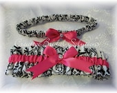 Black and White Madison Damask with Shocking Pink Bridal Garter Set