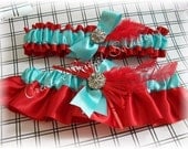 Aqua and Red Bridal Garter Set