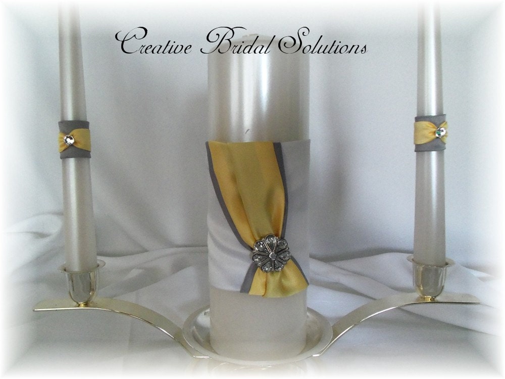 White Pewter Yellow Diagonal Wedding Unity Candle Set