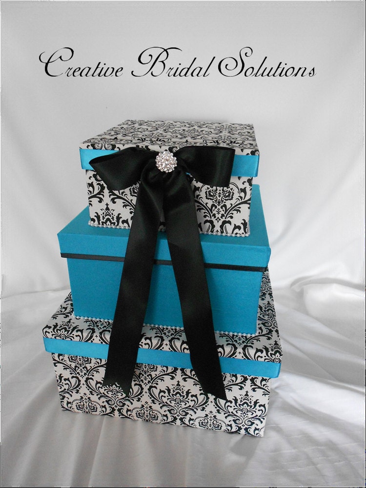 Three Tier Madison Damask with Turquoise Wedding Card Box