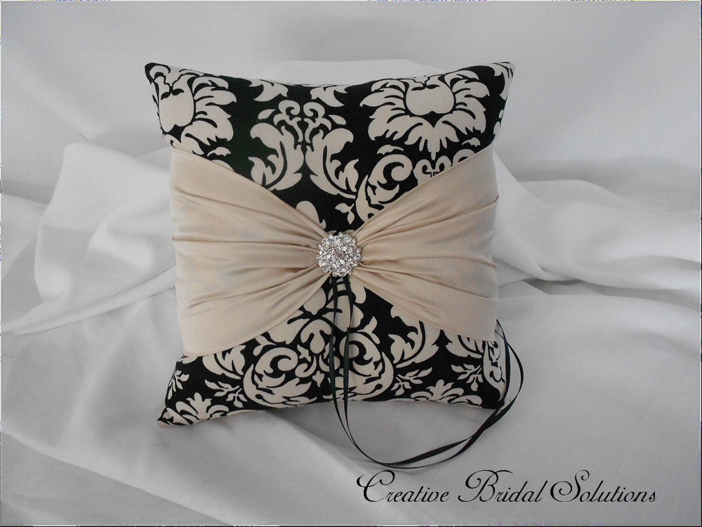 Black and Cream MM Damask with Buff Ring Pillow