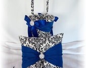 Black and White Madison Damask Flower Girl Basket and Ring Pillow- Royal Blue