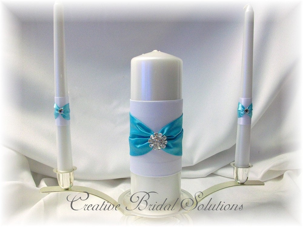 White & Aqua Wedding Unity Candle Set
