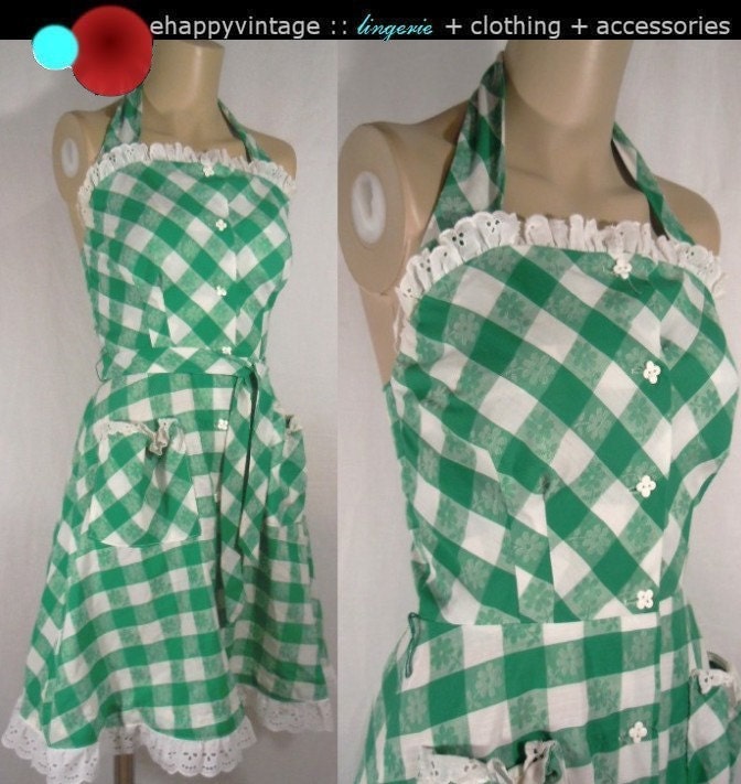 60s Sundress Green Gingham Mini Halter Vintage Size Small 34 B Eyelet Trim Cotton Plastic Clover Buttons