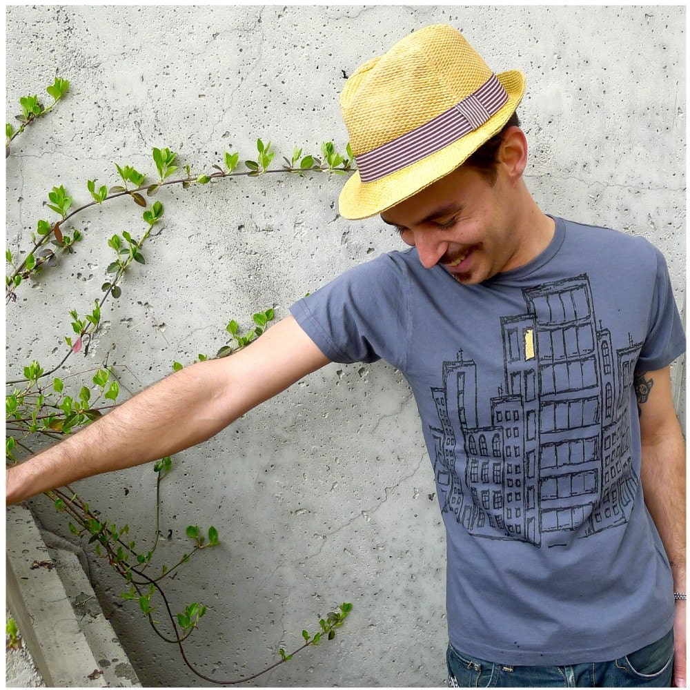 Don't Wait Up - mens t shirt - S/M/L - city skyline illustration in black and yellow on American Apparel asphalt gray tshirt - gift for men