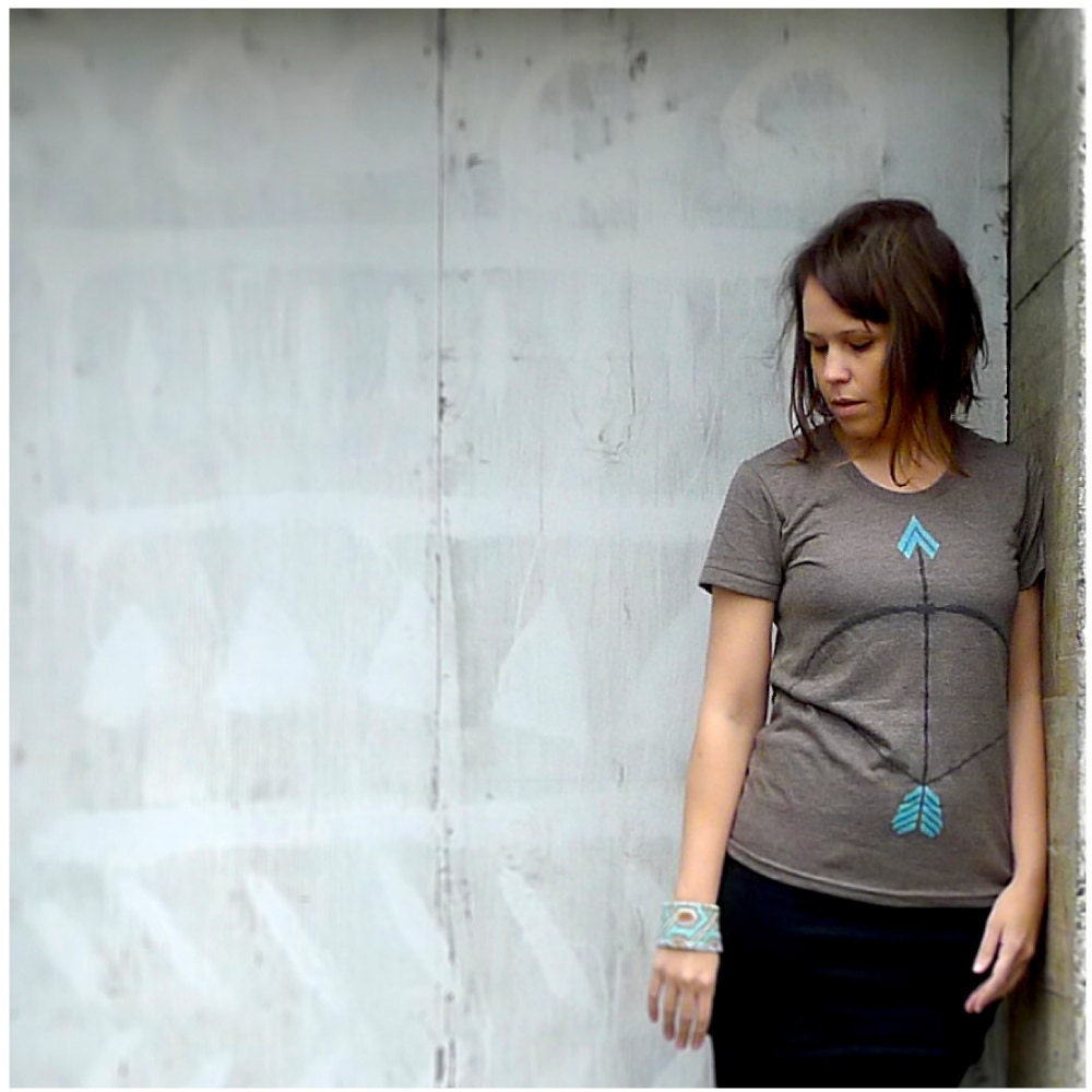 The Headhunter - tshirt for women - turquoise and brown - tribal bow and arrow screenprint on American Apparel track tees - S/M/L/XL - blackbirdtees