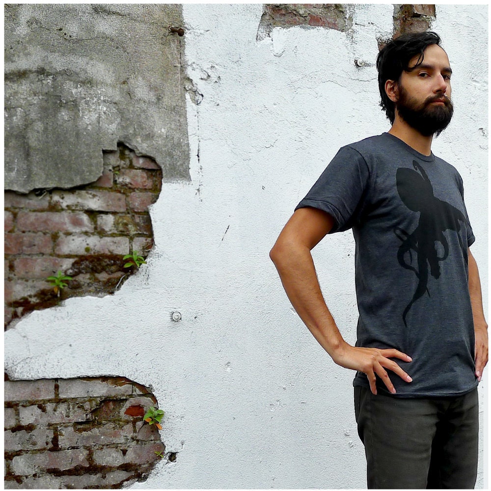 Sucker for Ink - mens tshirt - MEDIUM - nautical octopus screenprint on heather black - mens fashion