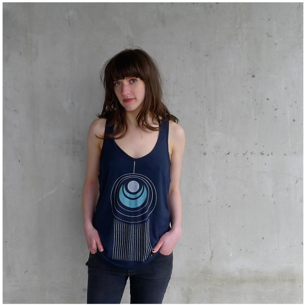 Womens tank top - spring fashion - geometric peacock feather print on navy blue oversized viscose tanks - TAIL FEATHER