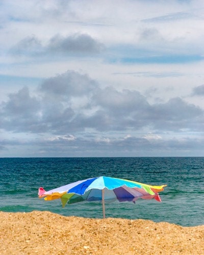 ocean sea umbrella summer clouds waves art print cottage beach decor 8x10 Breezy