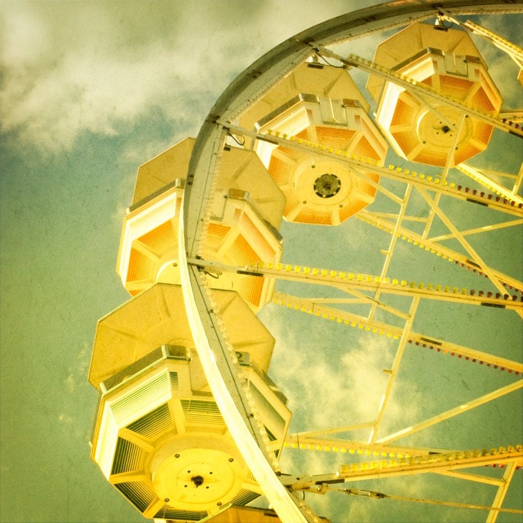 ferris wheel carnival fair photography yellow fair green nursery art 8x8 - In the Clouds