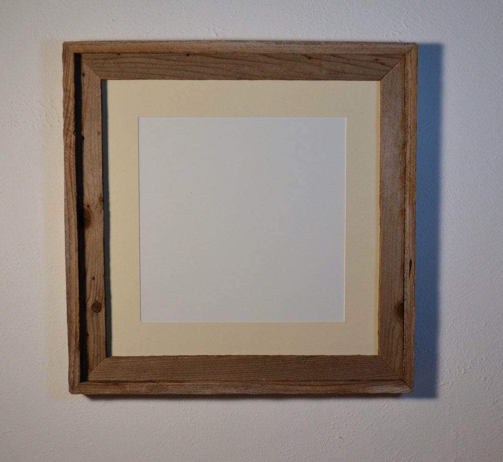 Photo frame reclaimed wood 16x16 with 12x12 off white mat light gray patina with knots