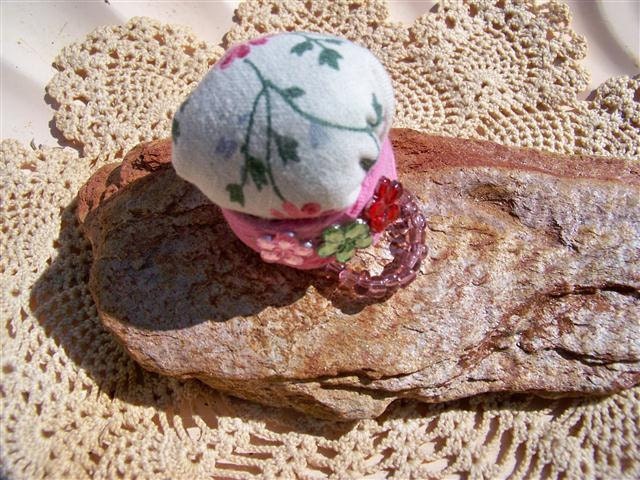Handmade Pin Cushion Finger Upcycled Recycled Mixed Media Sewing Notion Little Miss Muffet