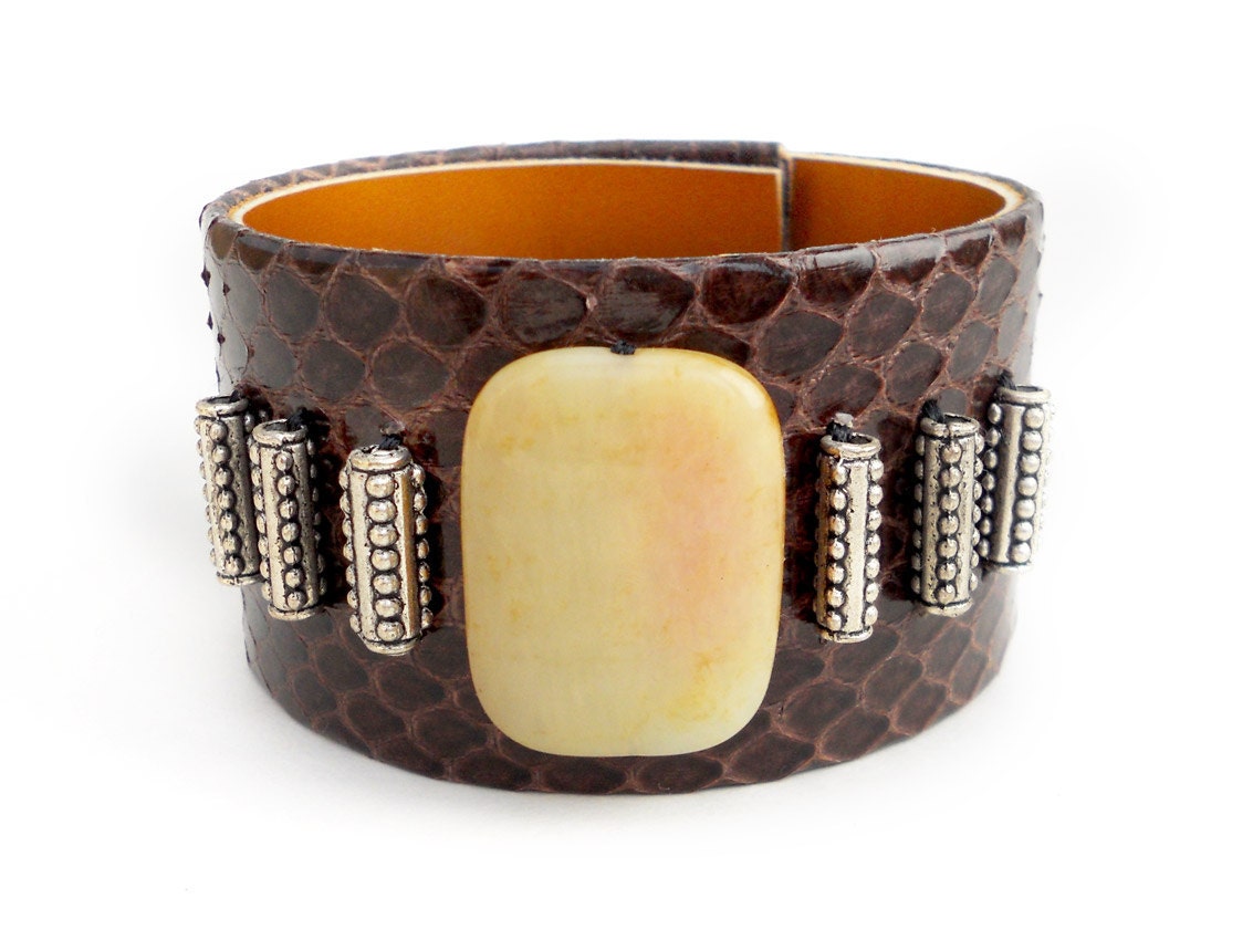 Fine Leather Jewelry, Brown Snakeskin Cuff with Jade Bead