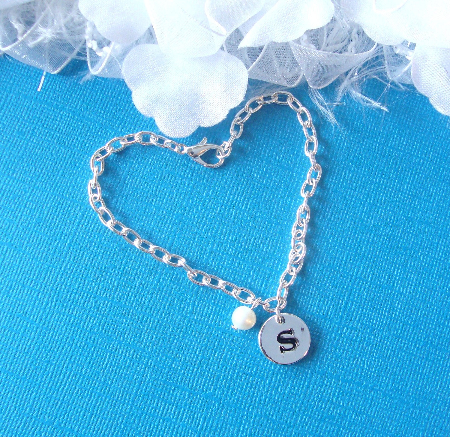 Silver Plated 8" Bracelet . adjustable . with Stamped Silver Plated LOWER CASE LETTER charm and Freshwater Pearl . Your choice of initial