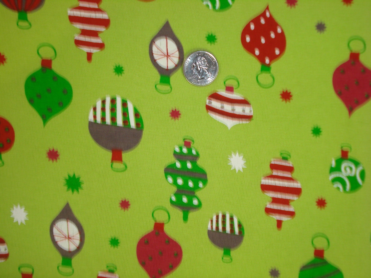 NEW colorful ornaments on green cotton rib knit fabric 1 YD
