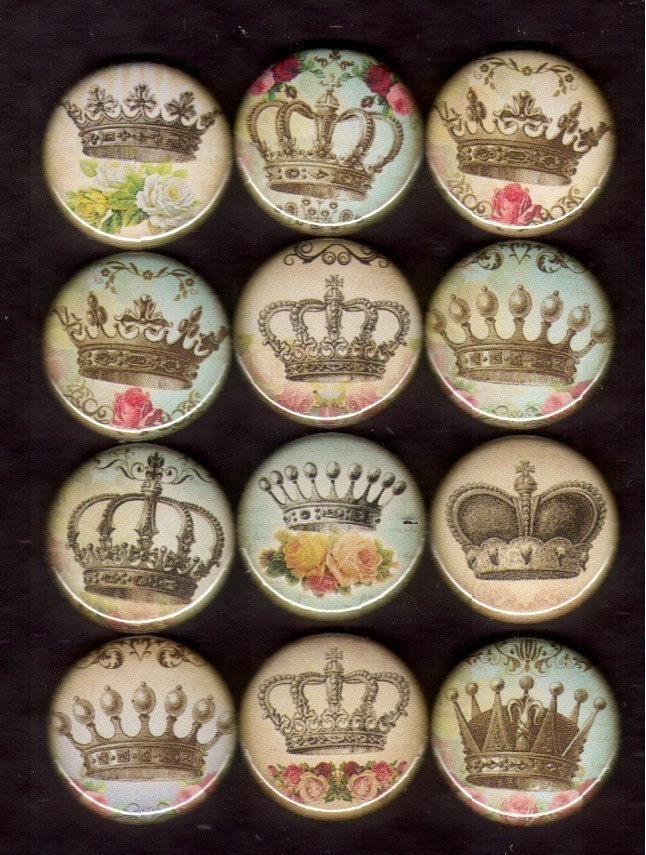 12 Vintage Style Crowns Flat back, pin back or hollow buttons