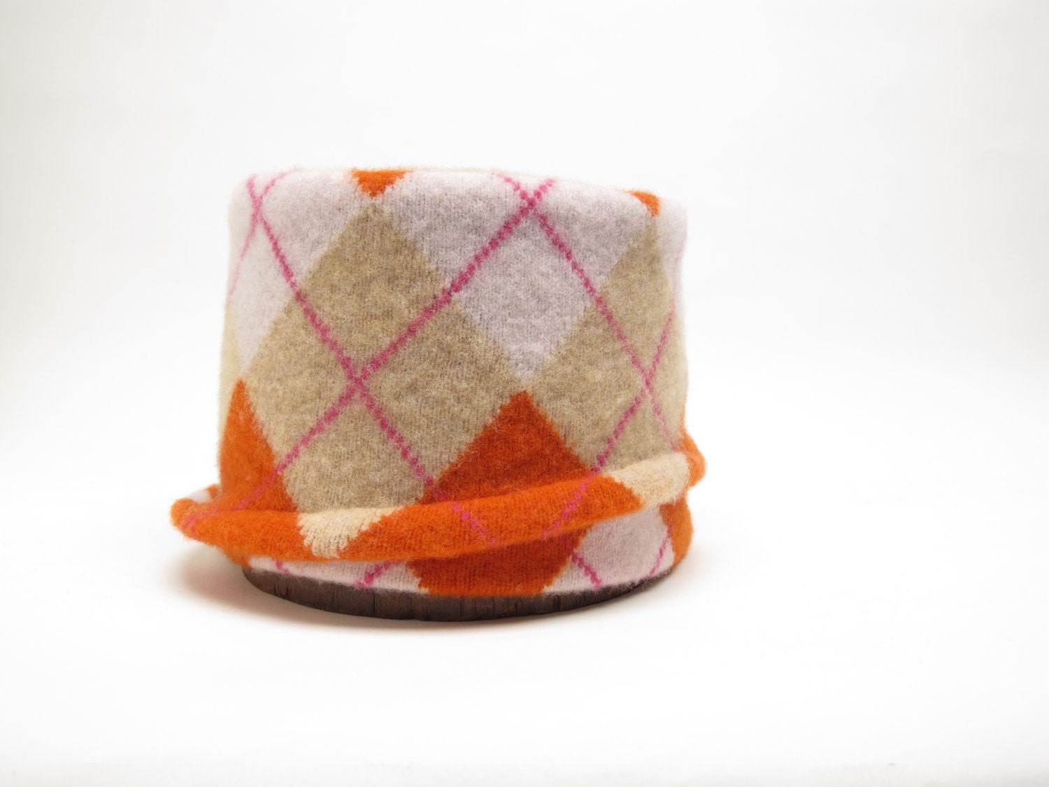 Taupe, White, Orange and Pink Argyle Wool Felt Hat - WilleWorks