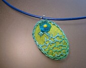 blue flower hand stitched embroidered pendant necklace