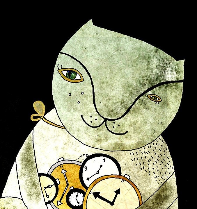 Whimsical Cat illustration print - Time. Black cat. Home decor.