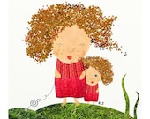 Twin girls sisters illustration print. Nursery art. Wall decor.